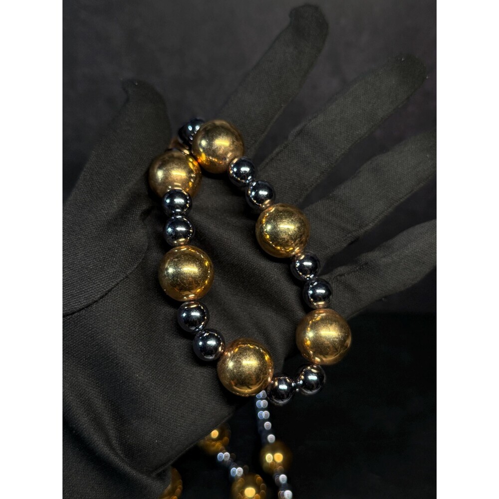Gold Tone & Gunmetal Beaded Necklace Long Metallic Statement Necklace 41"